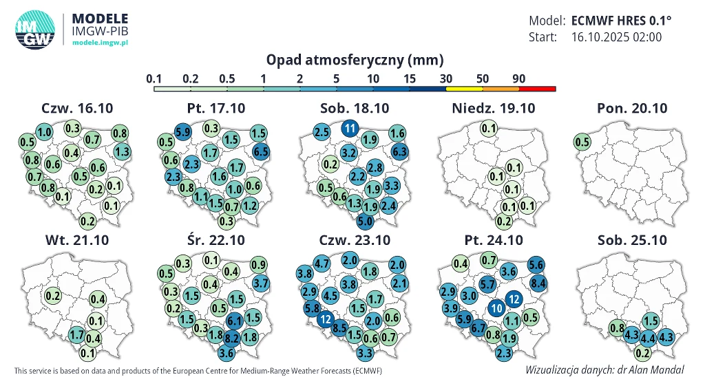 Po weekendzie zacznie mocniej padać w całym kraju. Temperatury będą wtedy jednak wysokie Mapa prognoz opadów atmosferycznych dla Polski w dniach 16-25 października 2025 roku, pokazująca przewidywane wartości opadów w milimetrach na poszczególne dni według modeli IMGW-PIB oraz ECMWF, z użyciem kolorów do zobrazowania natężenia opadów.