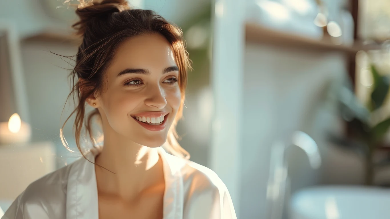 Młoda kobieta z upiętymi włosami uśmiecha się, ubrana w jasny szlafrok, w tle rozmyte elementy wnętrza oraz miękkie światło wpadające przez okno.