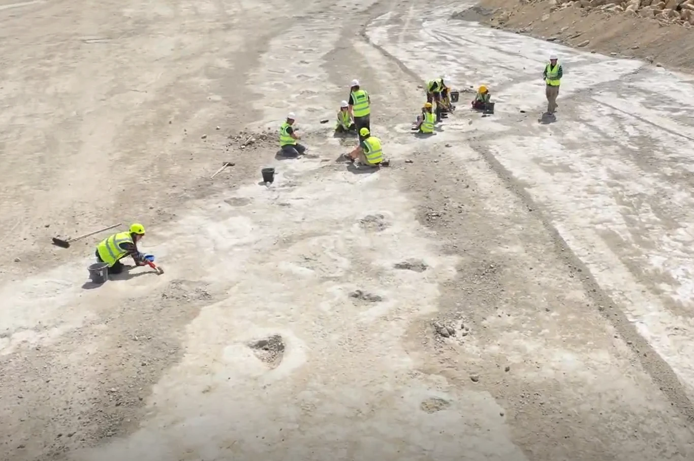 Niezwykłe znalezisko brytyjskich paleontologów odsłania tajemnice życia gigantycznych zauropodów sprzed 166 mln lat Grupa osób w żółtych kamizelkach odblaskowych i kaskach siedzi oraz pracuje na rozległej, jasnej powierzchni ziemi badając duże odciski stóp w ziemi, prawdopodobnie ślady dinozaurów.