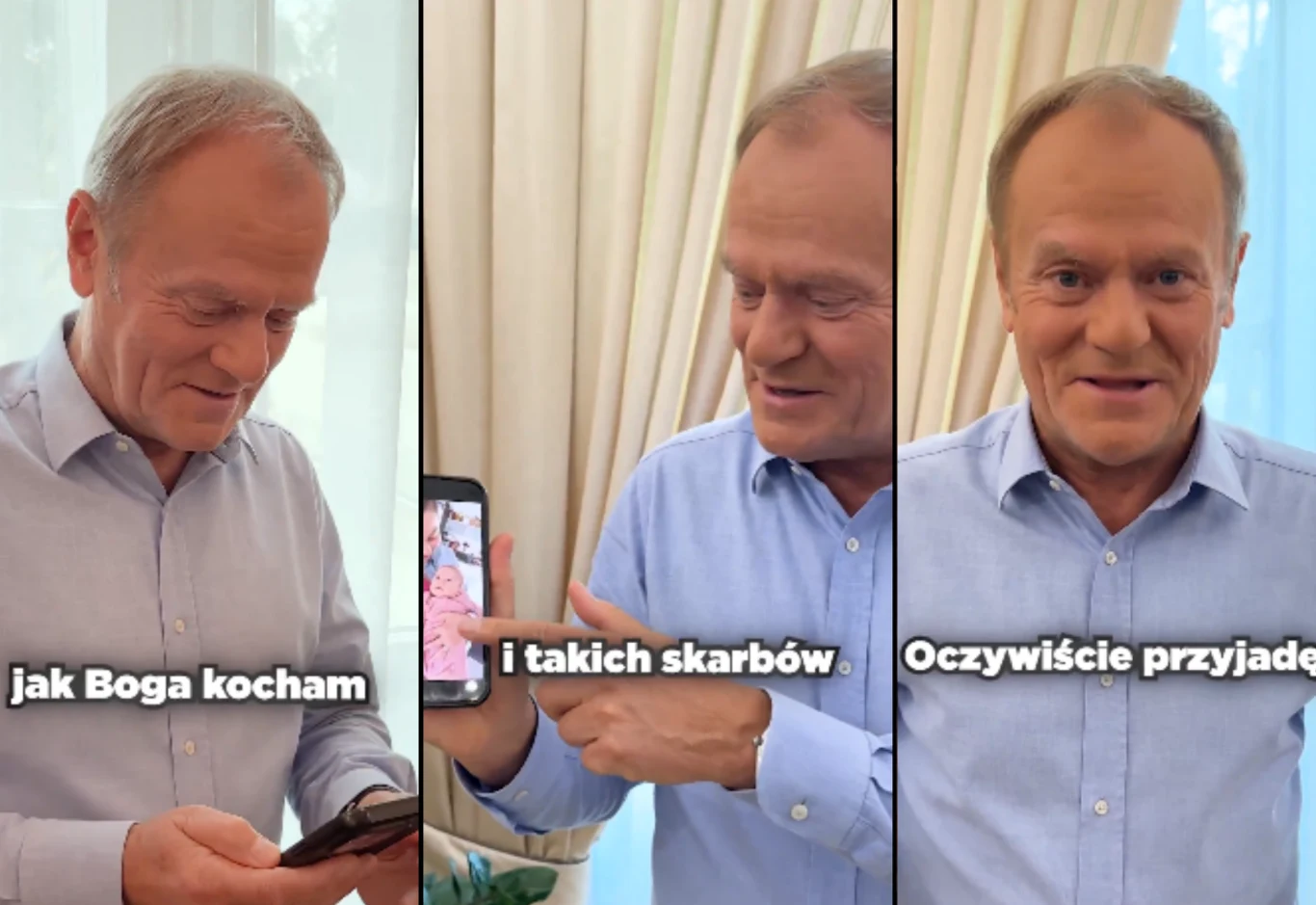 Premier Donald Tusk opublikował nowe nagranie. Zrzut ekranu Mężczyzna w błękitnej koszuli patrzy na telefon, na kolejnym ujęciu pokazuje ekran telefonu i uśmiecha się do kamery, teksty na zdjęciu to: 'jak Boga kocham', 'i takich skarbów', 'oczywiście przyjadę', atmosfera jest serdeczna i nieformalna.