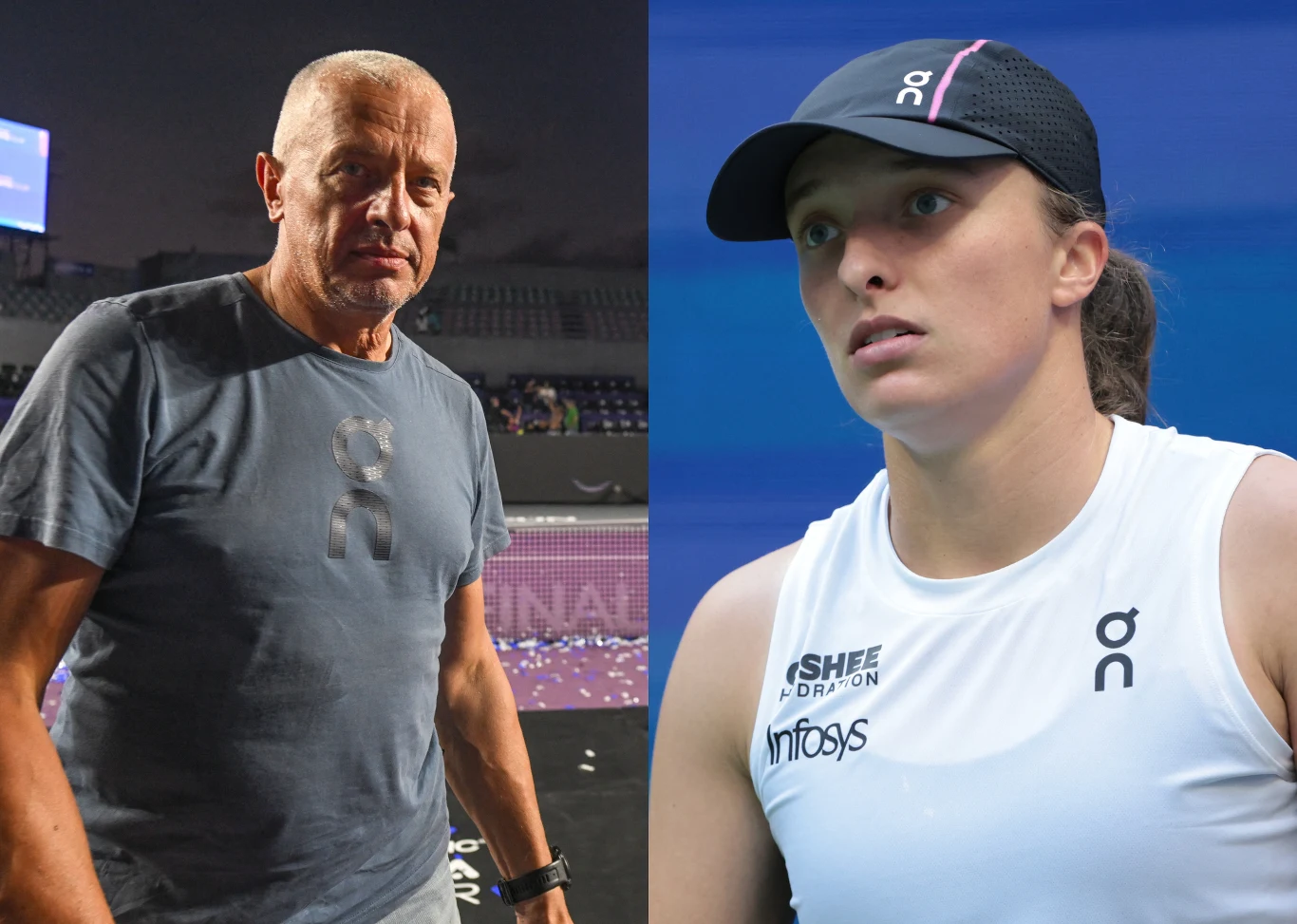 Po lewej stronie starszy mężczyzna w szarej koszulce z logo marki On, w tle trybuny, po prawej młoda kobieta w białej sportowej bluzce i czapce z daszkiem, również z logo On, niebieskie tło kortu tenisowego.