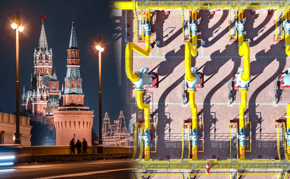 Rosja z kontrofertą dla Indii i Chin po słowach Trumpa Połączenie widoku nocnego na mury Kremla w Moskwie z charakterystycznymi wieżami oraz zdjęcia z lotu ptaka instalacji gazowej z żółtymi rurami i zaworami, które tworzą uporządkowany, geometryczny wzór cieni na podłożu.