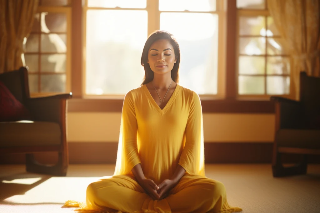 Choć obie koncepcje operują innymi narzędziami, łączy je motyw zmiany skokowej Kobieta w żółtej sukni siedzi po turecku na podłodze w spokojnym, jasno oświetlonym pomieszczeniu, z zamkniętymi oczami i spokojnym wyrazem twarzy, wykonując medytację.