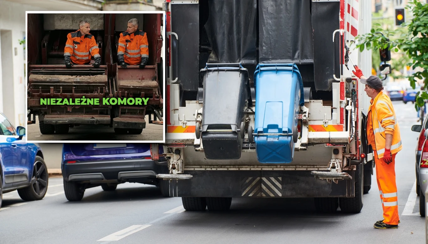 Burmistrz Kleczewa wskoczył do śmieciarki i wyjaśnił popularny mit Pracownik ubrany w pomarańczowy strój roboczy obsługuje śmieciarkę na ulicy miasta, obok śmieciarki stoją dwa kolorowe pojemniki na odpady, na zdjęciu wstawionym w górnym lewym rogu widoczni są dwaj mężczyźni w podobnych strojach roboczych siedzący na ...