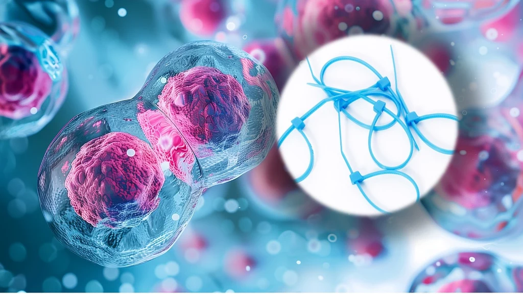 Twoje komórki używają trytytek? Naukowcy właśnie to odkryli Podział komórek ukazanych w powiększeniu, widoczne dwie komórki w trakcie mitozy z wyraźnymi jądrami, obok grafika przedstawiająca plastikowe opaski zaciskowe na tle białego koła.