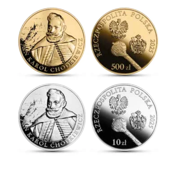Nowa moneta - w dwóch wersjach - od NBP już wkrótce trafi w ręce Polaków Dwie monety złote i dwie srebrne z wizerunkiem Karola Chodkiewicza oraz nominałami 500 zł i 10 zł, na odwrocie widoczny orzeł, buława oraz napisy Rzeczpospolita Polska 2023.