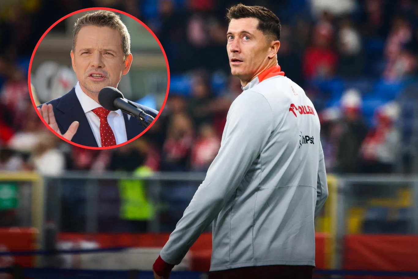 Coraz bliżej nowej hali sportowej w Warszawie. Do Rafała Trzaskowskiego apelował o nią Robert Lewandowski Mężczyzna w sportowej bluzie z napisem Polska na stadionie; w lewym górnym rogu wstawione koło z wizerunkiem mężczyzny przemawiającego do mikrofonu, ubranego w garnitur i czerwony krawat.