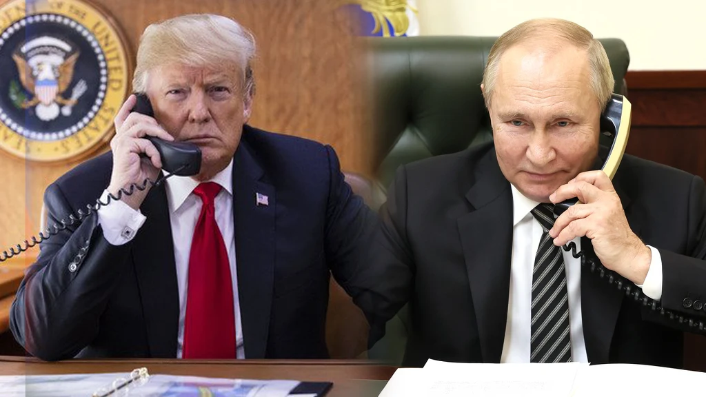 Dyplomatyczne triki Władimira Putina najwyraźniej przestały działać na Donalda Trumpa Dwóch mężczyzn w garniturach rozmawia przez telefon, każdy w innym biurze, po lewej stronie znajduje się emblemat prezydencki Stanów Zjednoczonych, po prawej ekran i dokumenty.