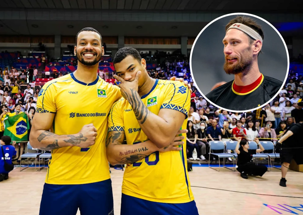 Bartosz Krzysiek (w kółku) wraca do PlusLigi po latach gry za granicą. Pomoże PGE GiEK Skrze Bełchatów zastąpić Alana (z lewej) Dwóch uśmiechniętych siatkarzy w żółtych strojach reprezentacji Brazylii pozuje na tle trybun pełnych kibiców, w prawym górnym rogu znajduje się wstawione okrągłe zdjęcie trzeciego zawodnika w innym stroju sportowym.