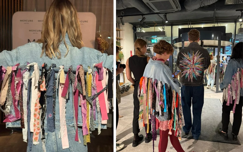 Osoba z długimi włosami ubrana w kurtkę dżinsową ozdobioną kolorowymi materiałami, stojąca z rozpostartymi rękami; druga scena to grupa ludzi w pomieszczeniu, jedna z osób również nosi podobnie ozdobioną kurtkę, pozostali odwróceni tyłem, jeden mężczyz...