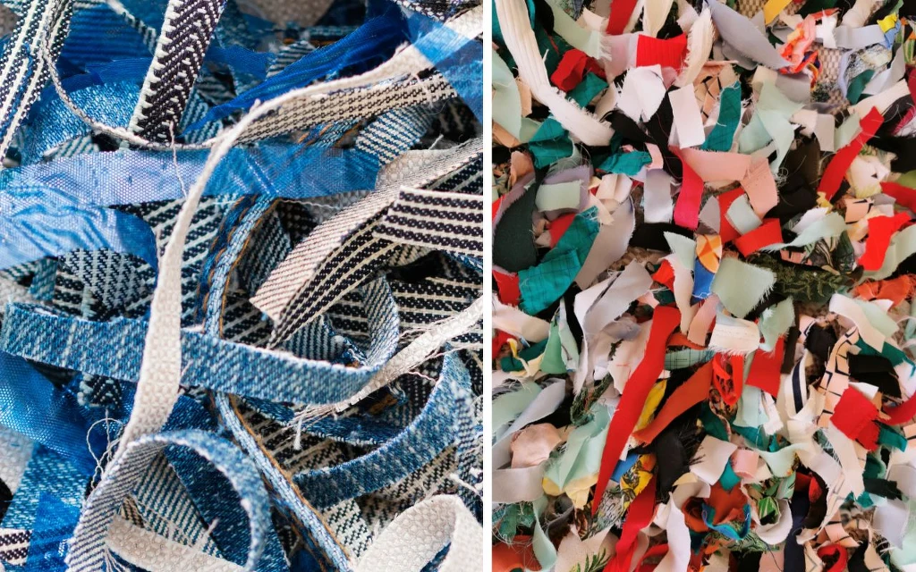 Zbliżenie na dwa różne stosy skrawków tkanin w różnych kolorach i wzorach, po lewej dominują odcienie niebieskiego i bieli, po prawej fragmenty materiałów w kolorach czerwonym, białym, czarnym oraz innych.