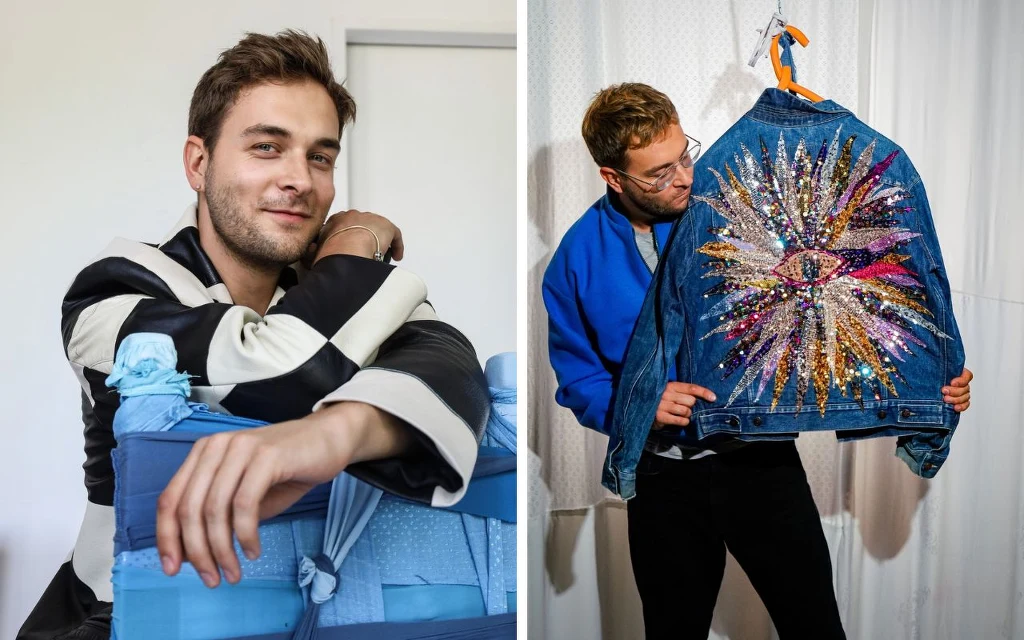 Młody mężczyzna o krótkich włosach, uśmiechnięty, opiera się na niebieskim pudełku, ubrany w czarno-białą marynarkę; na drugim ujęciu inny mężczyzna prezentuje jeansową kurtkę ozdobioną kolorowymi cekinami, tworzącymi wzór oka otoczonego błyszczącymi p...