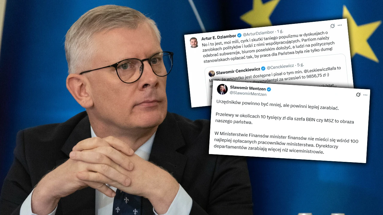 Sławomir Cenckiewicz ujawnił swoje wynagrodzenie. Fala komentarzy w sieci Mężczyzna w okularach siedzący przy biurku na tle niebieskiej flagi z gwiazdami, po lewej stronie kadru dodane są wypowiedzi z mediów społecznościowych dotyczące spraw urzędniczych i działalności państwowej.