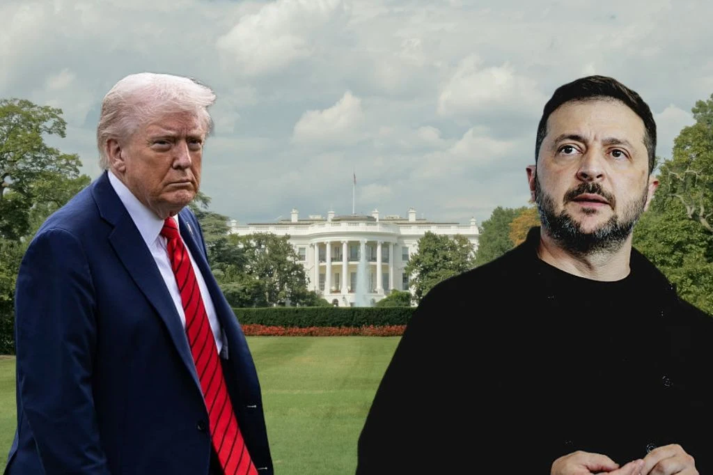 Wołodymyr Zełenski zabrał głos przed spotkaniem z Donaldem Trumpem Dwóch mężczyzn w garniturach stoi na tle Białego Domu, jeden ma jasne włosy i czerwony krawat, drugi krótko przycięte włosy i brodę, obaj mają poważne wyrazy twarzy.