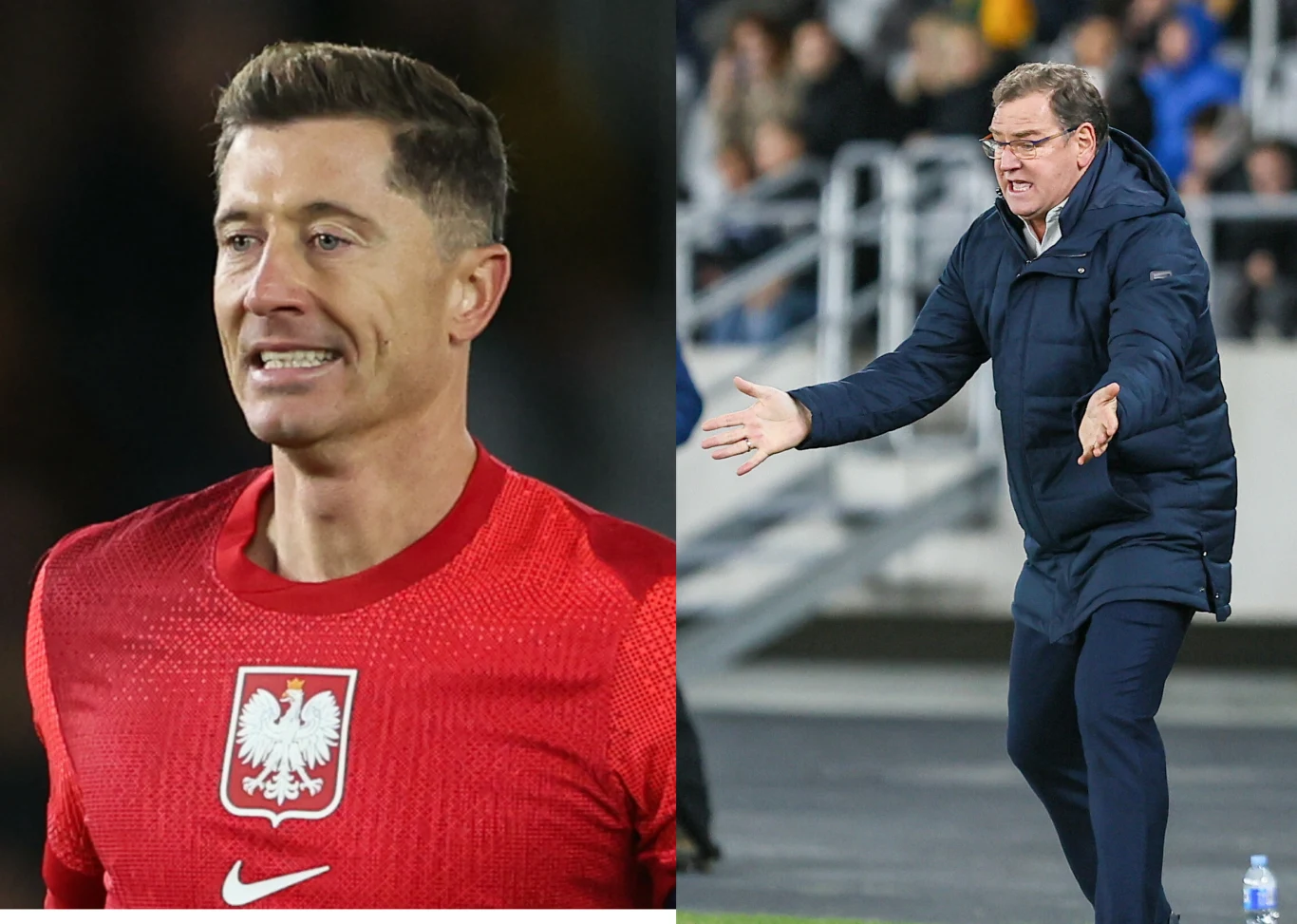 Zbliżenie na piłkarza w czerwonej koszulce z orłem na piersi oraz ujęcie trenera energicznie gestykulującego na boisku sportowym.