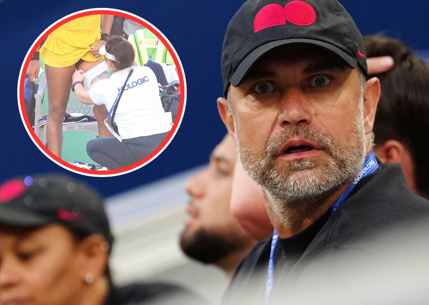 Zaskoczony mężczyzna w czapce z daszkiem i ciemnym podkoszulku patrzący szeroko otwartymi oczami, w tle rozmazane postacie. W okrągłej wstawce osoba w sportowym stroju i inna osoba udzielająca jej pomocy medycznej przy nodze.