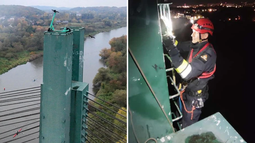 Akcja strażaków w Krakowie. Zdejmowali hulajnogę z kładki nad Wisłą