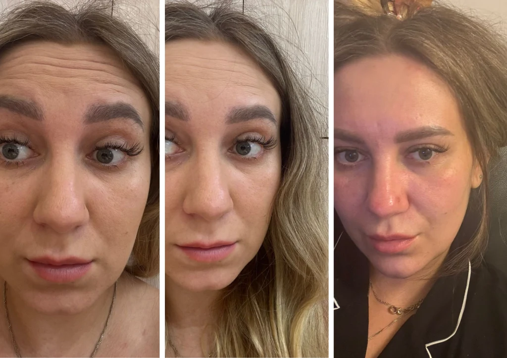 Trzy portrety tej samej kobiety w różnych momentach, o zróżnicowanym wyglądzie twarzy, różnymi wyrazami mimiki i widocznym makijażem lub jego brakiem.