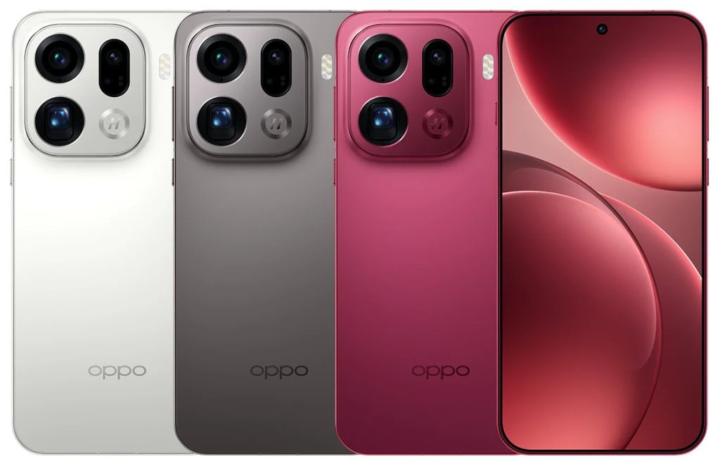Smartfon Oppo Find X9 Pro. Cztery smartfony OPPO w różnych wersjach kolorystycznych ustawione obok siebie, z widocznymi wyraźnymi aparatami fotograficznymi, logo marki oraz efektownymi wyświetlaczami.