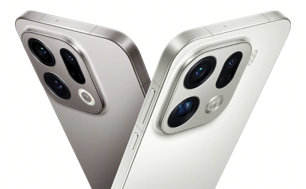 Seria Oppo Find X9. Dwa nowoczesne smartfony ustawione tyłem z wyeksponowanymi aparatami, widoczne szczegóły konstrukcji i błyszczące obudowy w jasnych odcieniach.