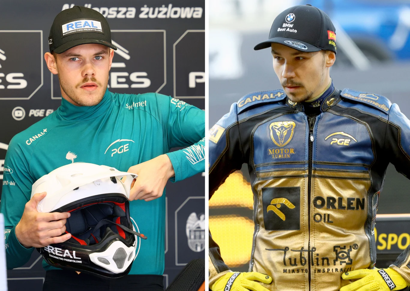 Damian Ratajczak i Dominik Kubera będą kosztować Falubaz około 5,5 miliona złotych. Dwóch żużlowców w oficjalnych strojach sportowych, jeden trzyma kask wyścigowy, drugi ubrany w skórzaną kurtkę z logotypami sponsorów. Tło to tablica z nazwami partnerów wydarzenia.