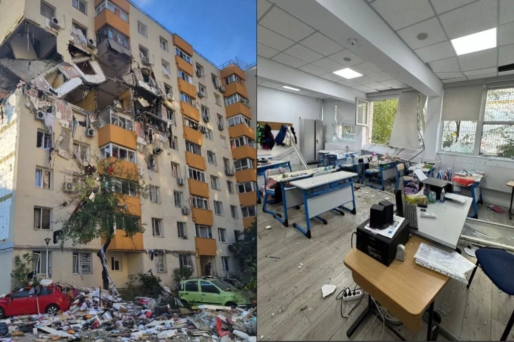 Eksplozja bloku w Bukareszcie Częściowo zniszczony blok mieszkalny z wyrwą w elewacji i zdewastowana sala lekcyjna ze zniszczonymi meblami, porozrzucanymi przedmiotami i wybitymi szybami.