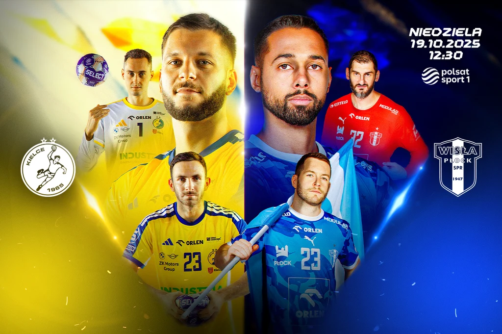 Już w niedzielę kolejna odsłona wielkiego klasyka! Industria Kielce podejmie ORLEN Wisłę Płock! Dwuzespołowa kompozycja promująca mecz piłki ręcznej, po lewej stronie zawodnicy w żółtych strojach z piłką ręczną oraz herbem Łomża Industria Kielce, po prawej zawodnicy w niebieskich strojach i bramkarz w czerwonym, obok herb Orlen Wisły Płock, wyraź...