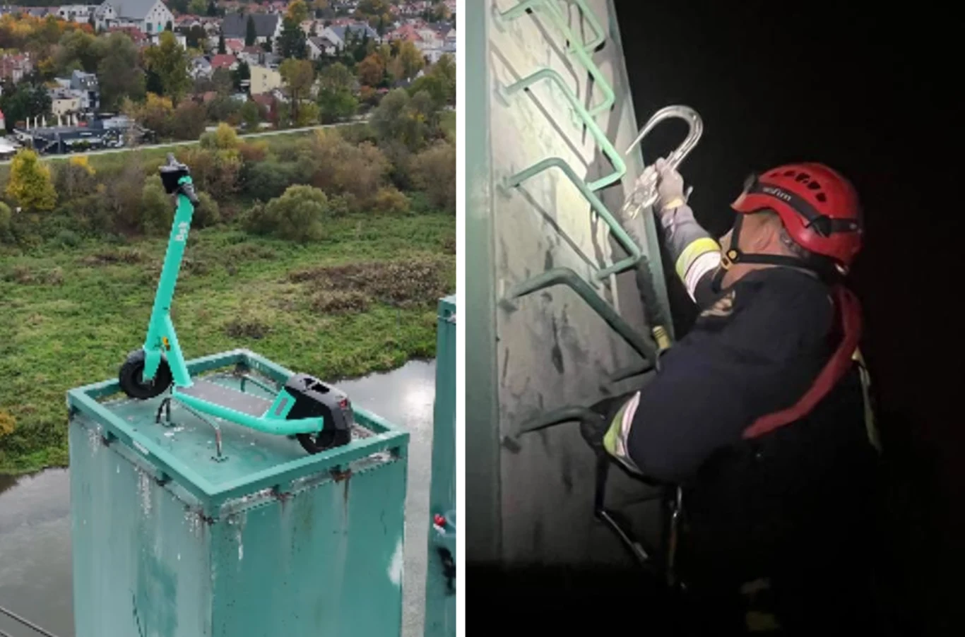 Hulajnoga 40 metrów nad ziemią. Hulajnoga elektryczna umieszczona na wysokim, wąskim filarze mostu, po prawej stronie strażak z kaskiem i liną wspinający się po metalowej drabinie w nocy przy ratunkowej akcji.