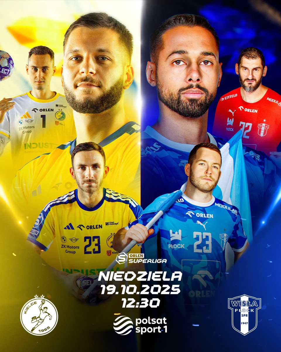 Już w niedzielę kolejna odsłona wielkiego klasyka! Industria Kielce podejmie ORLEN Wisłę Płock! Zawodnicy dwóch drużyn piłki ręcznej ukazani w dynamicznej kompozycji, po lewej stronie w żółtych strojach z logo Łomża Industria Kielce, po prawej w niebieskich barwach Wisły Płock; centralnie informacje o meczu, data i godzina, logotypy klubu i ligii.
