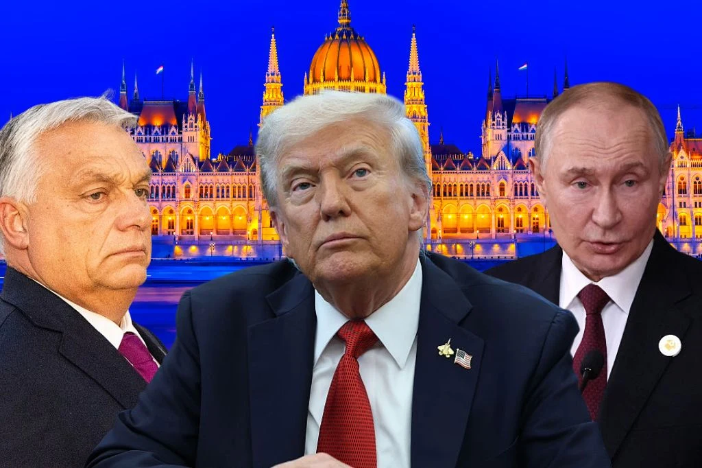 W najbliższych dniach Donald Trump ma spotkać się z Władimirem Putinem w Budapeszcie Trzech znanych polityków w garniturach na pierwszym planie, w tle nocne oświetlenie zabytkowego budynku parlamentu z charakterystyczną kopułą i wieżami.