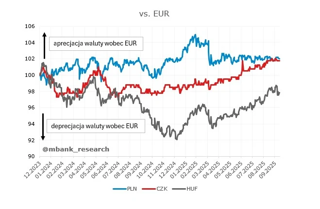 Wykres porównujący zmiany wartości trzech walut: PLN, CZK oraz HUF względem euro na przestrzeni kolejnych miesięcy od 2013 do 2023 roku; oznaczone są okresy aprecjacji oraz deprecjacji walut, a każda z nich przedstawiona jest innym kolorem.