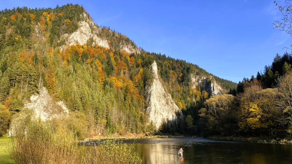 Po przejażdżce można odpocząć w Sromowcach Niżnych, skąd doskonale widać Trzy Korony i przełom Dunajca Malowniczy przełom rzeki otoczony gęstym lasem i wapiennymi skałami, które górują nad wodą; w tle łagodnie wznoszące się wzgórza pokryte drzewami w jesiennych barwach.