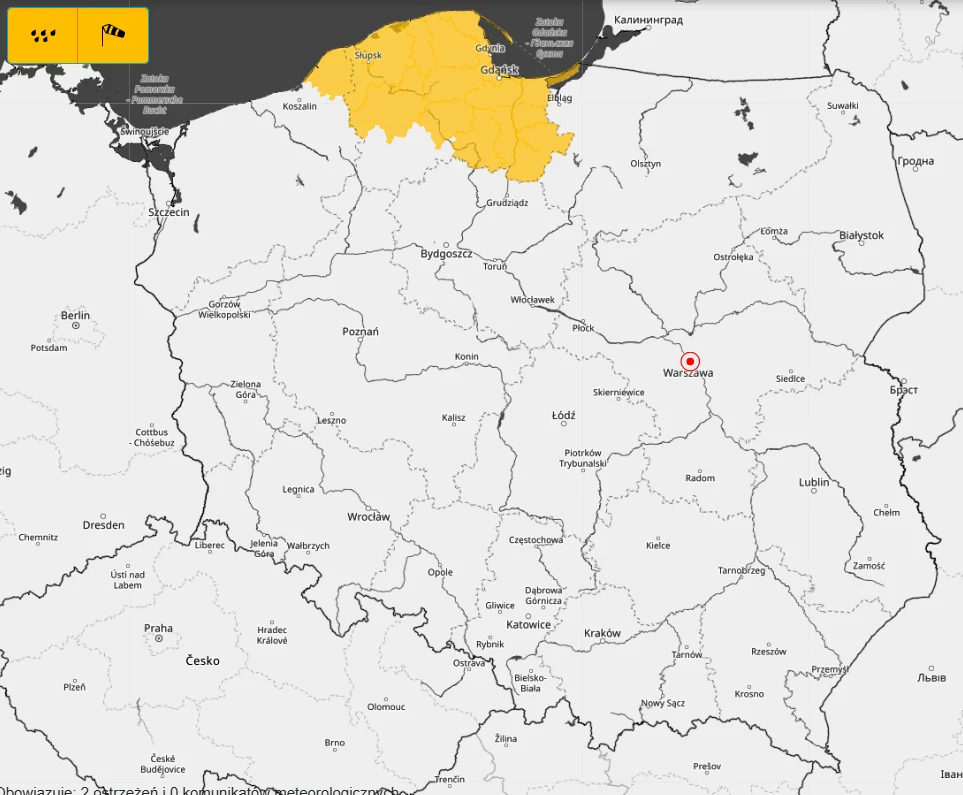 IMGW wydał podwójny alert dla Pomorza i Pomorza Zachodniego z powodu ulew oraz silnych porywów wiatru Mapa Polski z wyróżnionym na żółto województwem pomorskim, z zaznaczoną Warszawą na czerwono oraz widocznymi granicami województw i głównymi miastami.