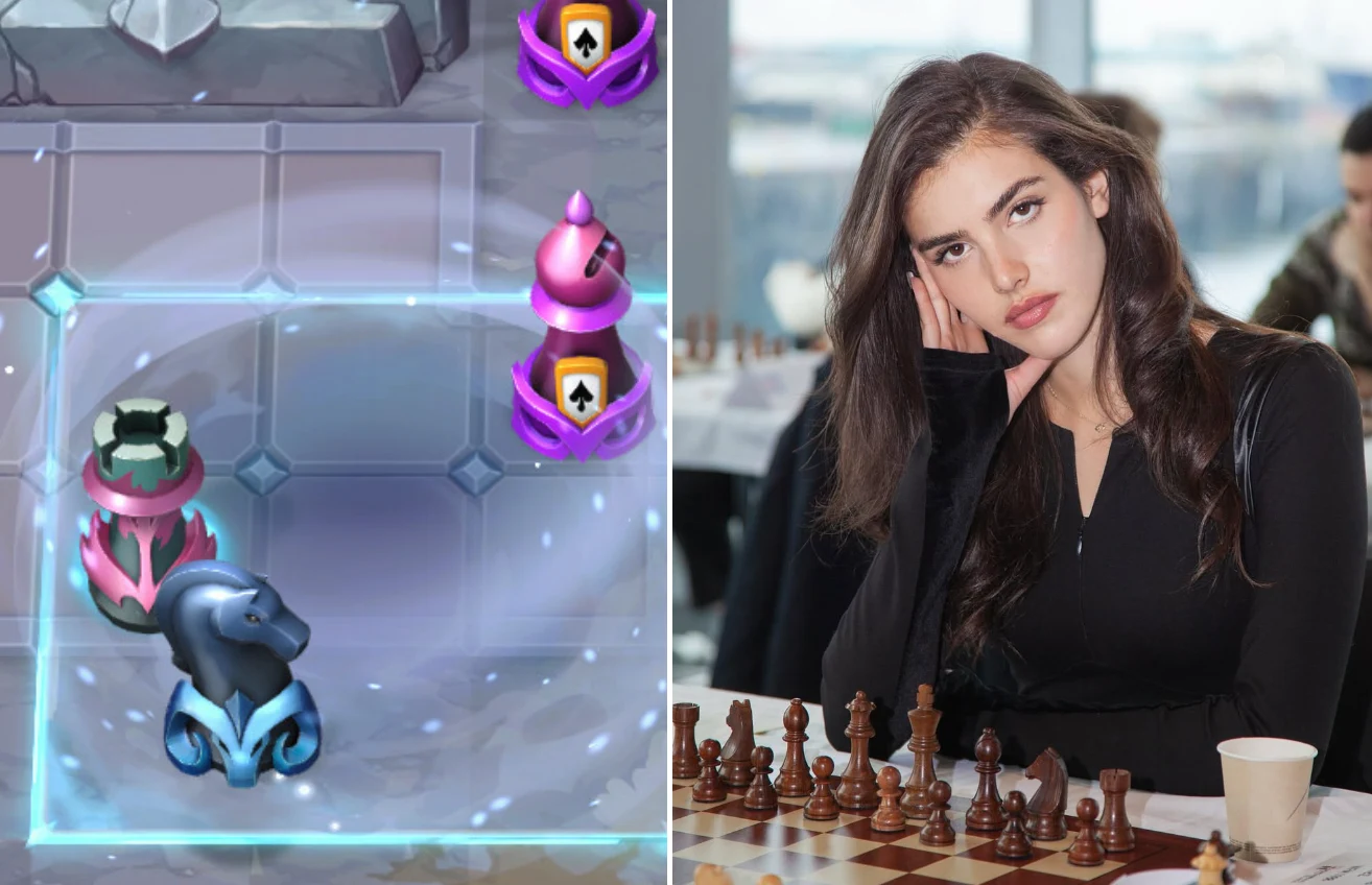Chess Arena - nowa gra Alexandry Botez Z lewej strony plansza z gry strategicznej z pionkami przypominającymi figury szachowe, z prawej kobieta ubrana na czarno siedząca przy szachownicy, opierająca głowę o rękę i przyglądająca się grze.