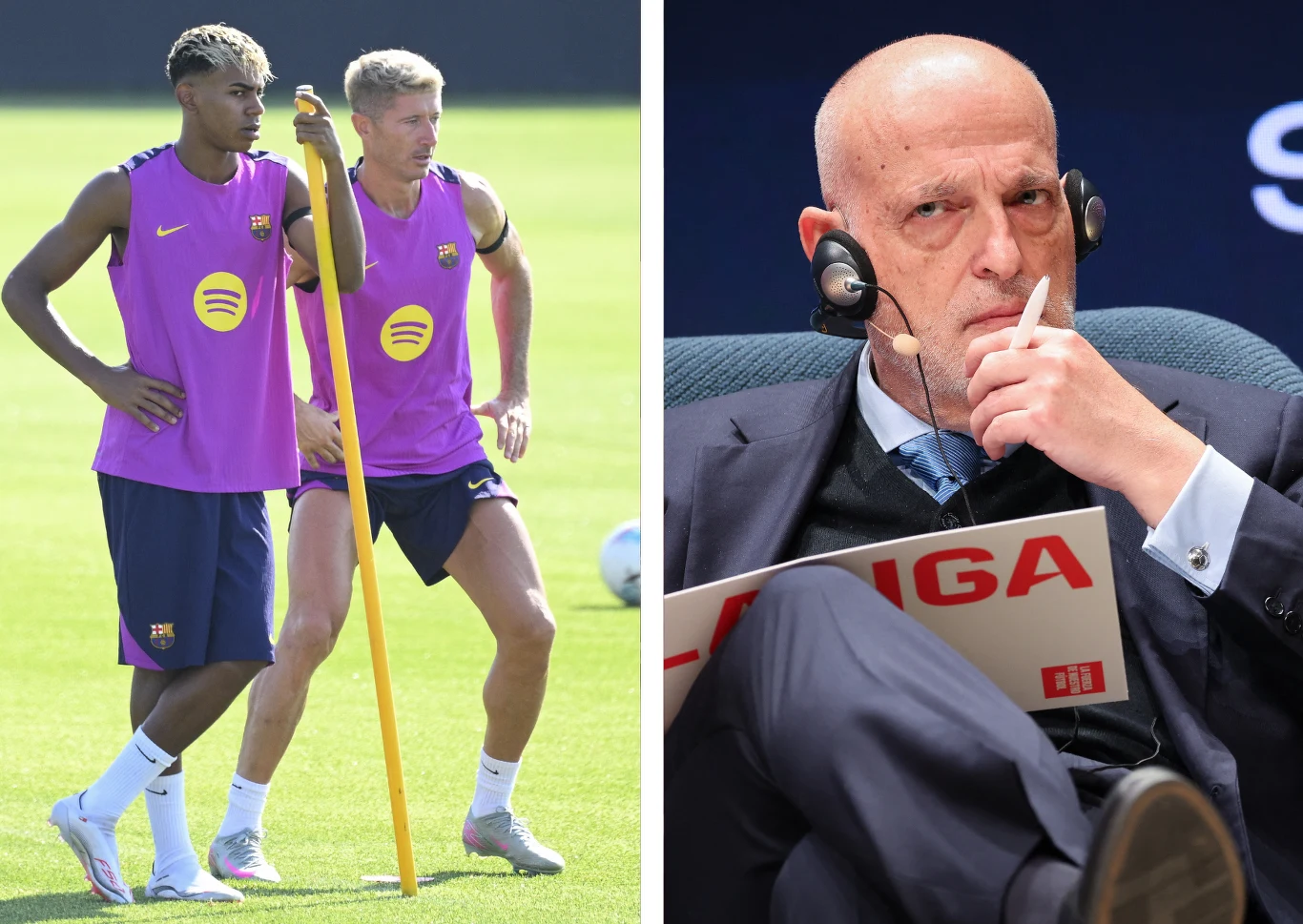 Dwóch piłkarzy w stroju treningowym FC Barcelony stoi na murawie obok znacznika treningowego; obok zdjęcie mężczyzny w garniturze z zestawem słuchawkowym, trzymającego dokument z napisem La Liga, siedzącego na fotelu i pogrążonego w zadumie.