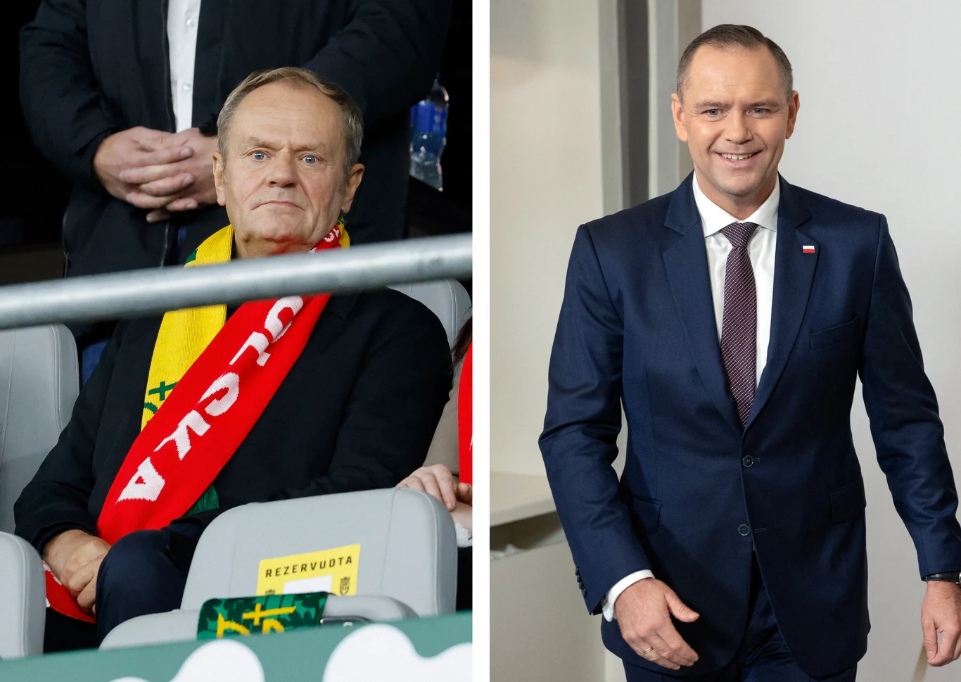 Po lewej stronie mężczyzna w marynarce i szaliku w barwach żółto-czerwonych, siedzący na stadionie, po prawej stronie mężczyzna w granatowym garniturze z polską flagą w klapie, uśmiechnięty.