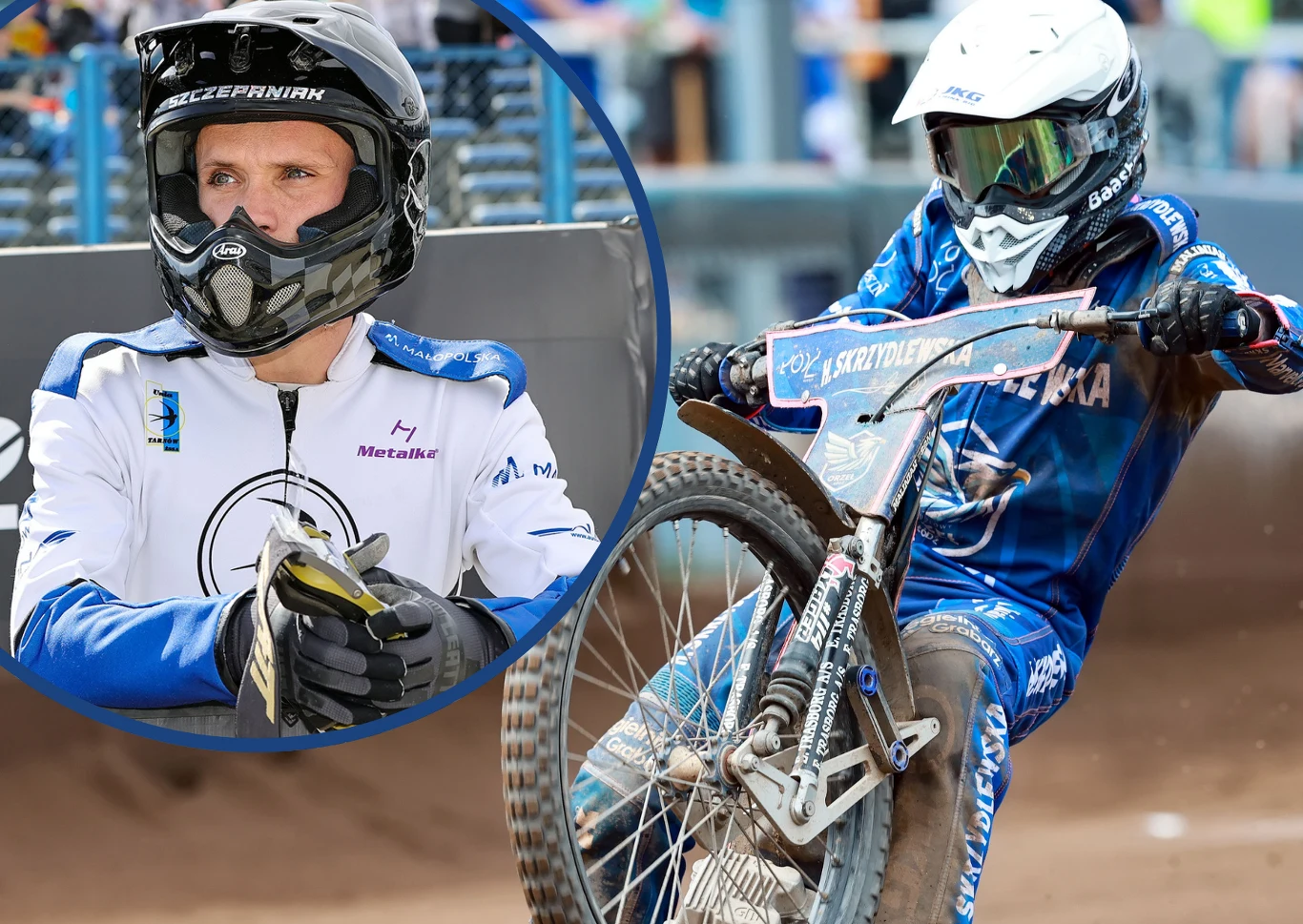 Motocyklista w pełnym stroju ochronnym podczas wyścigu żużlowego w dynamicznej pozie oraz portret tego samego sportowca w hełmie i białej kurtce z logotypami sponsorów.