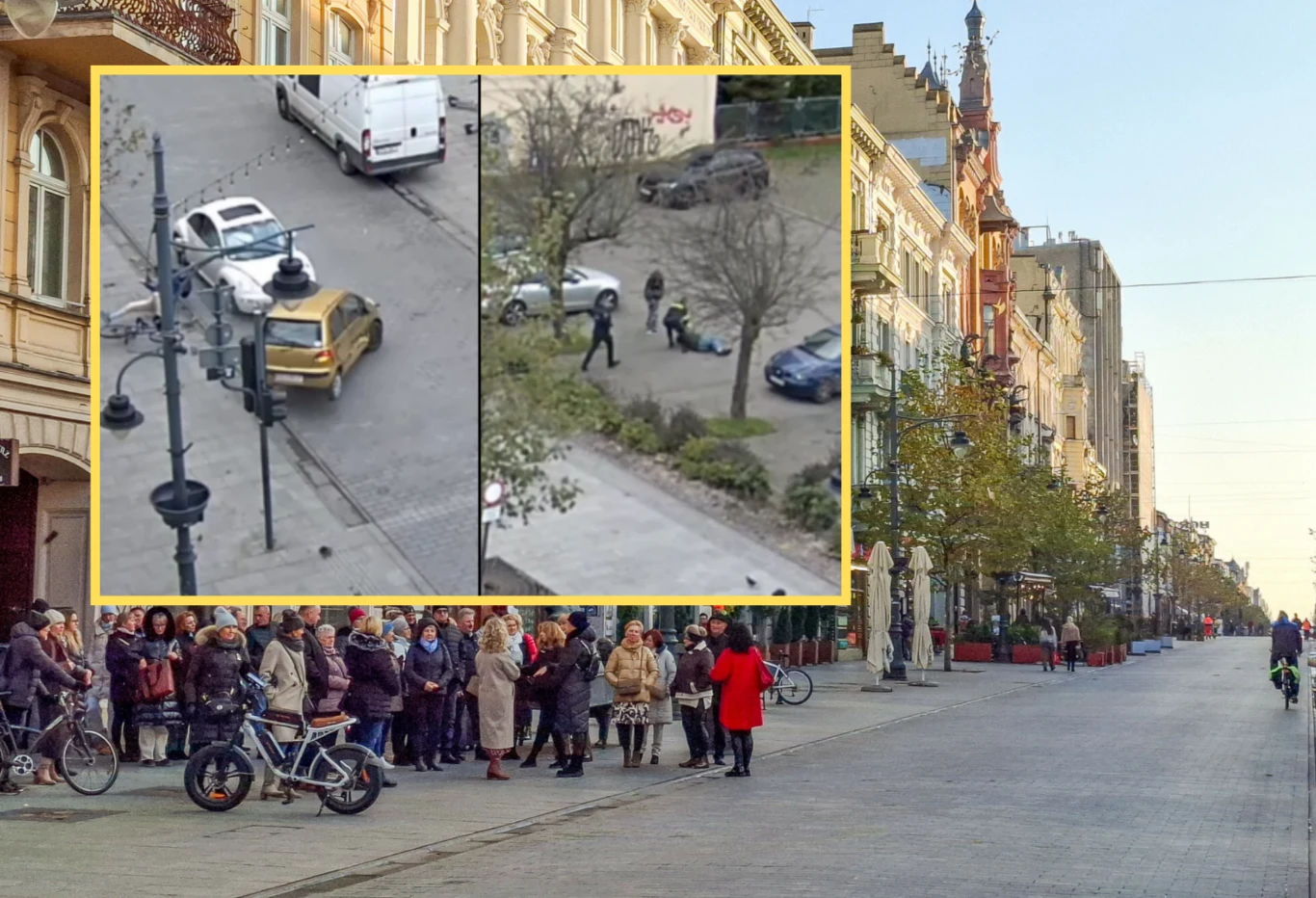 Pościg na ulicy Piotrkowskiej w Łodzi. Kierowca matiza potrącił rowerzystę i staranował samochód Grupa ludzi zgromadzona na deptaku miejskim obserwuje sytuację z udziałem policji, gdzie dwaj funkcjonariusze interweniują wobec osoby leżącej na chodniku, podczas gdy kilka samochodów stoi zaparkowanych po obu stronach ulicy.
