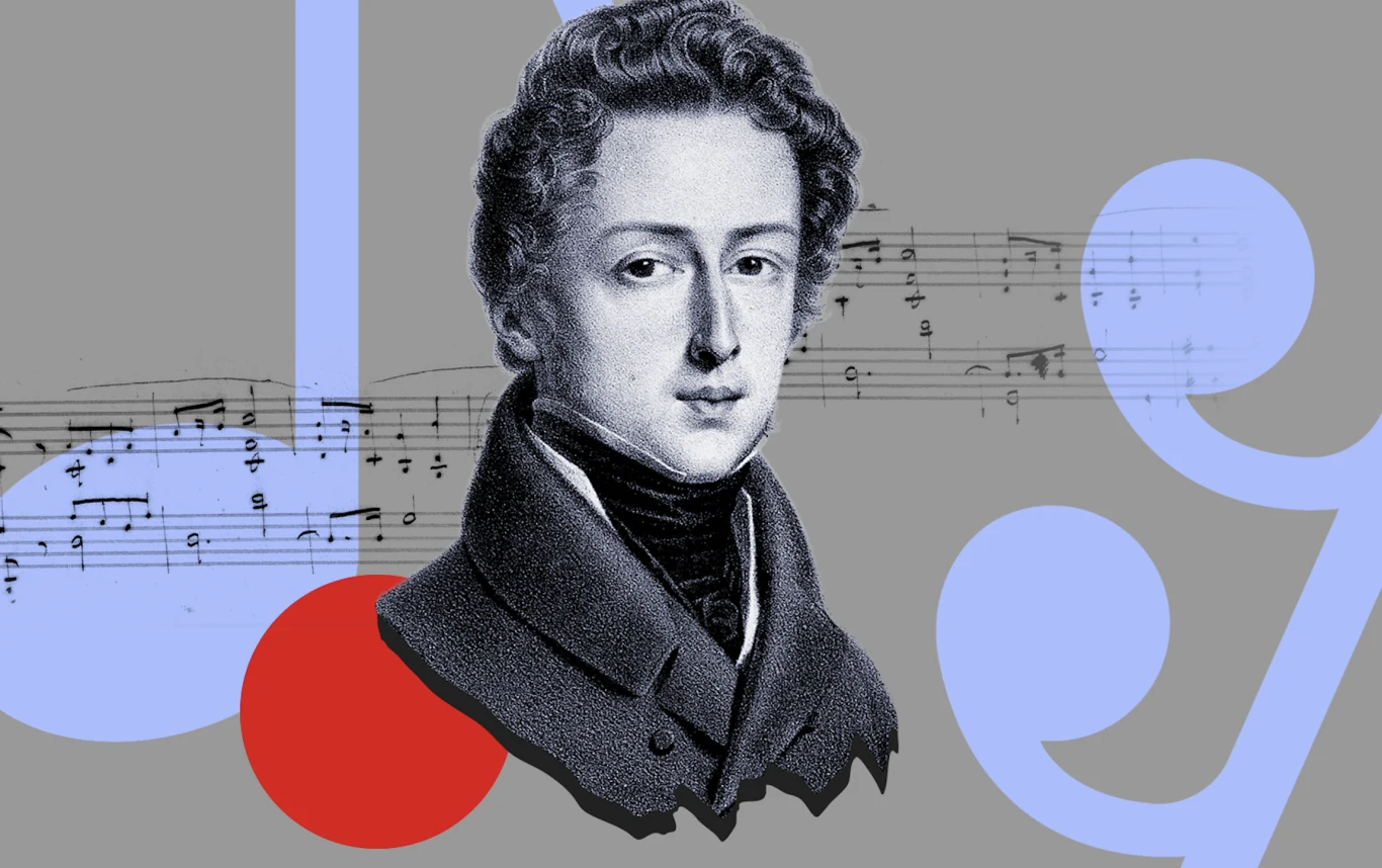 Gdańsk jest jednym z siedmiu miast, w których otwarto Strefę Melomana Portret młodego mężczyzny w klasycznym stroju na szarym tle z nutami i abstrakcyjnymi geometrycznymi kształtami w kolorach niebieskim i czerwonym.