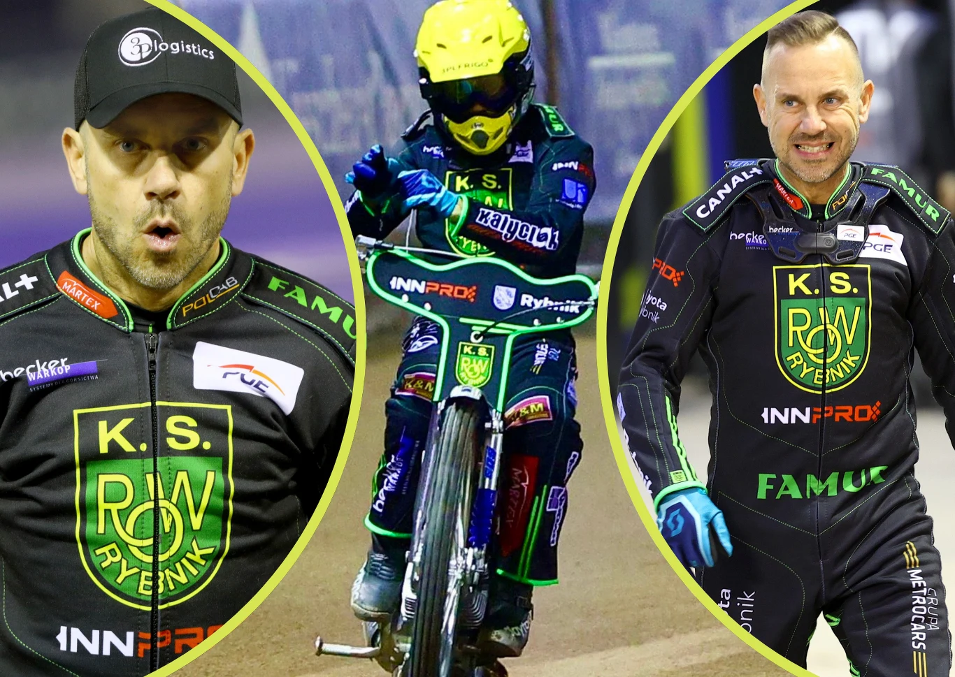 Trzech żużlowców klubu K.S. ROW Rybnik w profesjonalnych strojach sportowych; centralnie widoczny zawodnik podczas jazdy na motocyklu, po bokach portrety innych żużlowców.