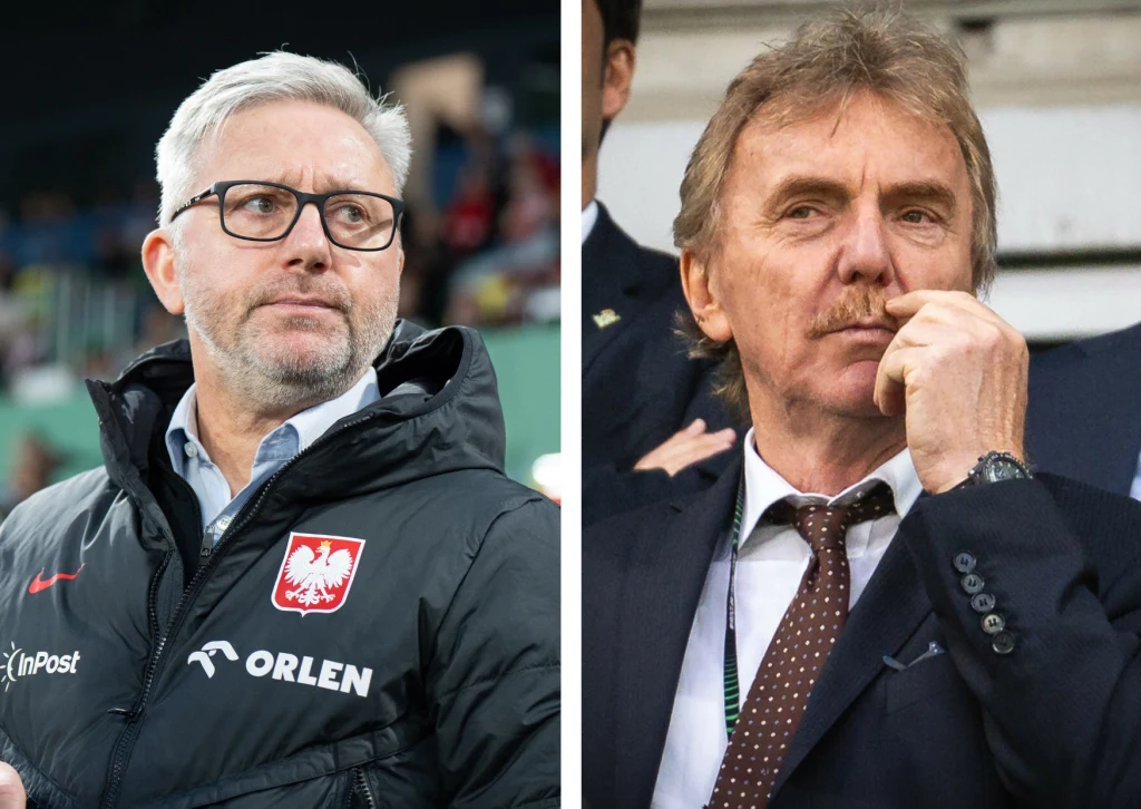 Dwóch mężczyzn w średnim wieku na oddzielnych kadrach, po lewej osoba w sportowej kurtce z polskim godłem, po prawej mężczyzna w marynarce i krawacie z poważnym wyrazem twarzy.