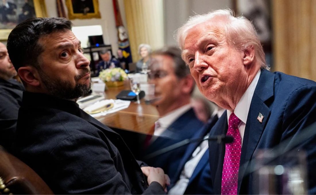 Media opisują kulisy rozmowy Zełenskiego i Trumpa w Białym Domu Dyskusja polityczna z udziałem dwóch czołowych polityków w eleganckim gabinecie, jeden z mężczyzn skupiony i zaniepokojony, drugi wypowiada się w sposób zdecydowany, w tle osoby i elementy wystroju biura.