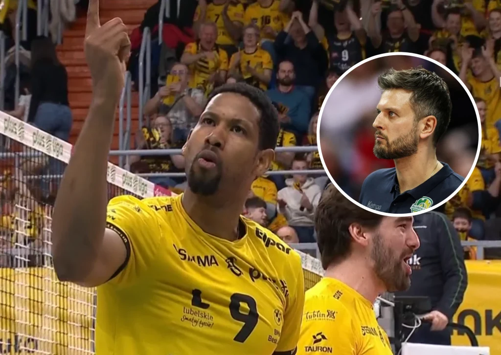 Wilfredo Leon w ostatnich finałach PlusLigi poprowadził Bogdankę LUK Lublin do zwycięstwa z zespołem Michała Winiarskiego Siatkarz w żółtym stroju z numerem 9 wykonuje gest uniesienia palca wskazującego, wokół niego widownia ubrana w żółte koszulki dopingująca drużynę, z boku widoczny drugi zawodnik tej samej drużyny, w rogu okrągła wstawka z profilem innego sportowca w c...