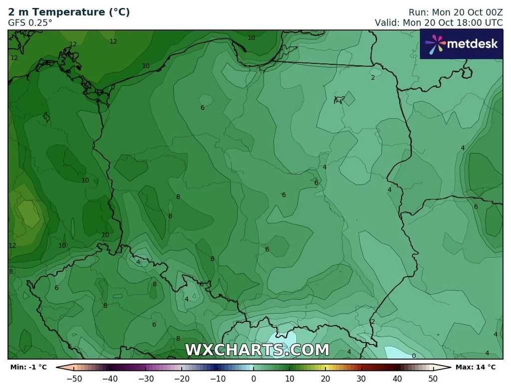 Poranek był mroźny, zwłaszcza we wschodniej Polsce. Miejscami przymrozki sięgnęły -5 stopni Celsjusza Mapa Polski prezentująca prognozowaną temperaturę powietrza na wysokości 2 metrów, obrazująca zróżnicowanie temperatur w różnych regionach kraju, z dominującymi wartościami od 6°C do 12°C i oznaczeniami izoterm.