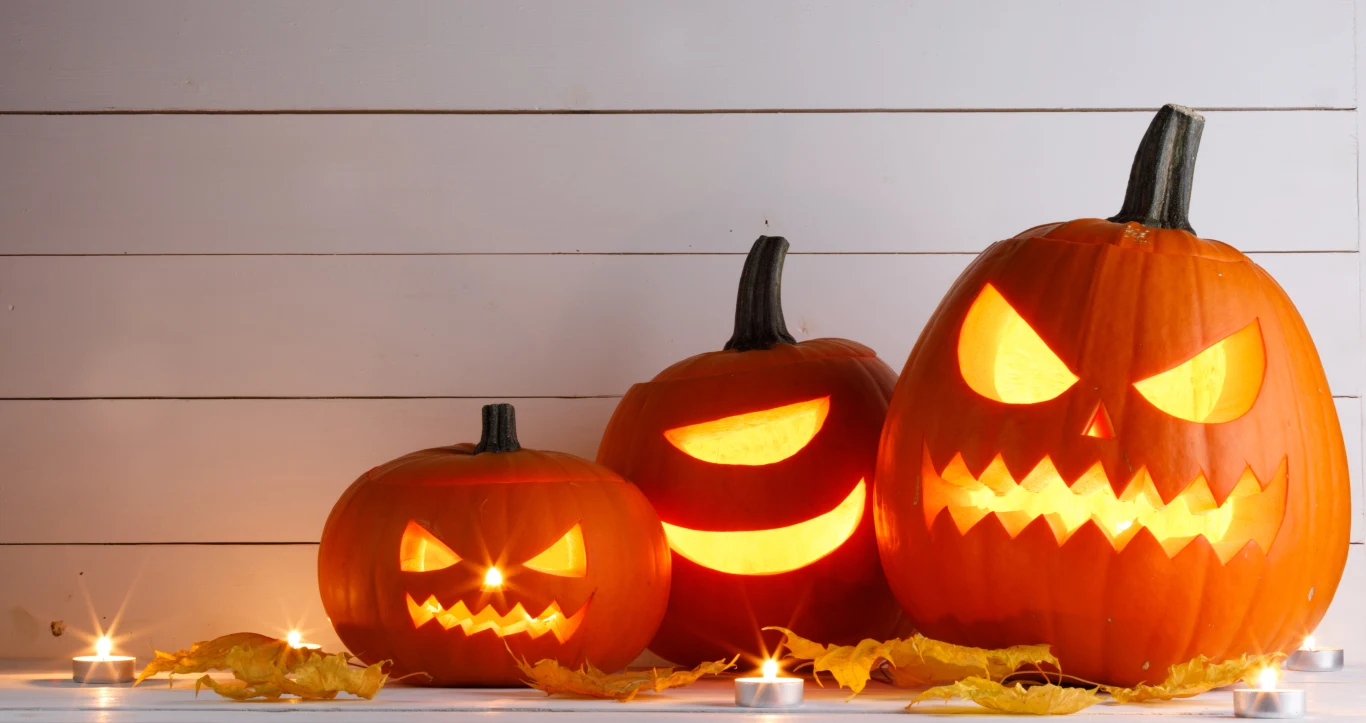 Która dynia jest najlepsza do wycinania? Te odmiany świetnie sprawdzą się na Halloween. Trzy wydrążone dynie o wyciętych, świecących twarzach ustawione obok siebie na białym tle, otoczone żółtymi liśćmi i małymi świeczkami tealight.