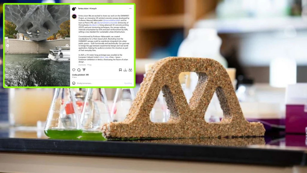 Most z drukarki 3D może zrewolucjonizować budownictwo. Tania, wytrzymała konstrukcja pochłania więcej dwutlenku węgla niż zwykły beton Laboratoryjne szkło z kolorowymi cieczami oraz geometryczny element wykonany z piasku lub materiału kompozytowego na pierwszym planie, w lewym górnym rogu ekran urządzenia prezentujący projekt związany z inżynierią lub technologią ekologicznego budowni...