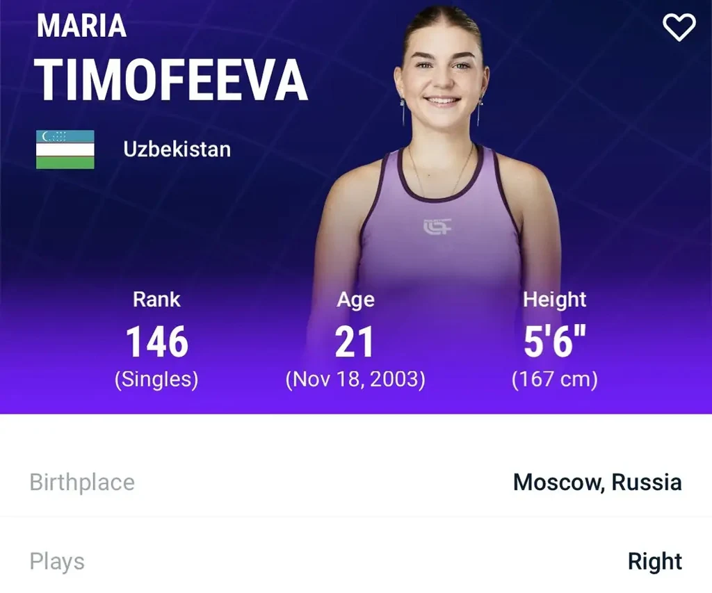 Młoda zawodniczka tenisowa ubrana w sportowy strój, uśmiechnięta stoi na fioletowym tle, obok znajdują się informacje o jej narodowości, wieku, wzroście, rankingu i miejscu zamieszkania.