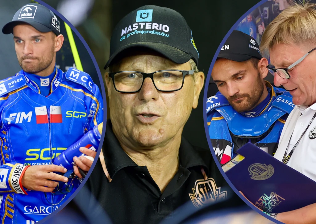 Trzy sceny ukazujące osobistości związane z żużlem, po lewej sportowiec w kombinezonie wyścigowym, w centrum starszy mężczyzna w czapce z daszkiem i okularach, po prawej sportowiec i osoba w białej koszuli analizują notatki.