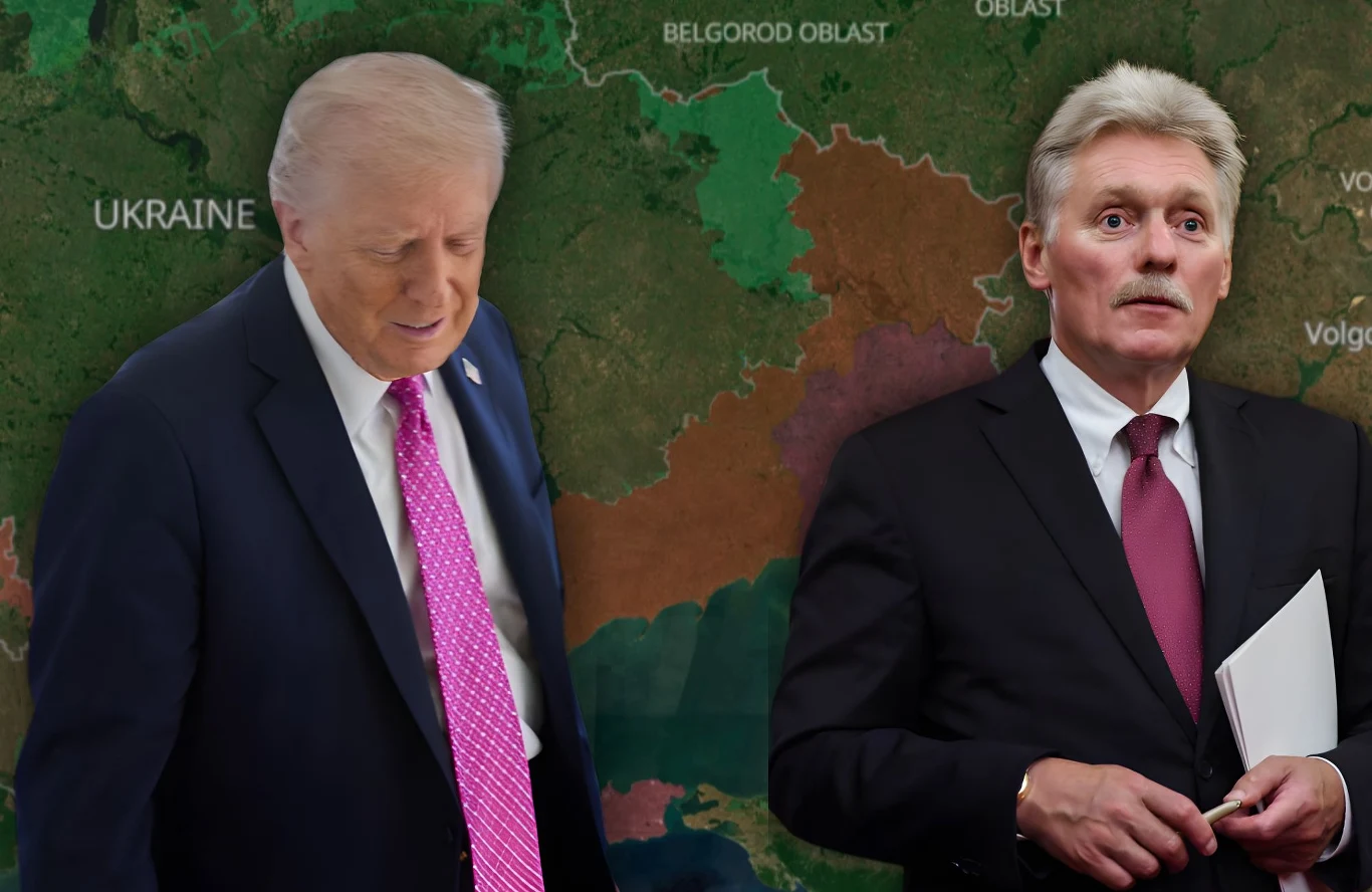 Rzecznik Kremla Dmitrij Pieskow odpowiada na wezwania Donalda Trumpa Dwóch mężczyzn w garniturach stoi na tle mapy Europy Wschodniej z widocznymi granicami Ukrainy i Rosji, jeden trzyma dokumenty i patrzy przed siebie, drugi ma spuszczoną głowę.
