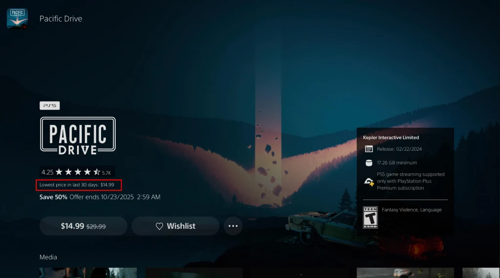 źródło zdjęcia: Reddit u/GIThrow Interfejs sklepu PlayStation z grą Pacific Drive, zawierający tytuł gry, ocenę użytkowników, informacje o dostępności oraz promocji cenowej, a w tle ciemny krajobraz z tajemniczym, jasnym słupem światła.